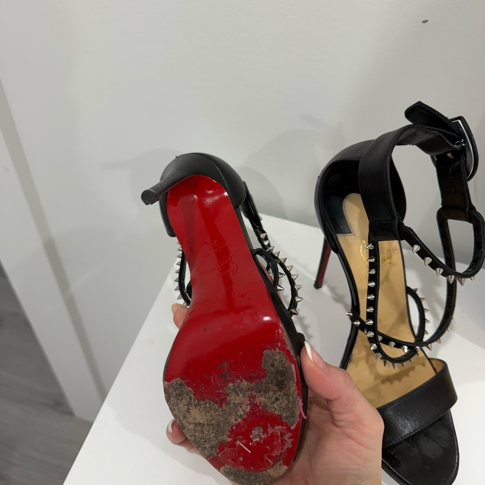 Louboutin Choca Lux 120MM Leather Black Studded High Heel Sandals - Picture 6 of 8